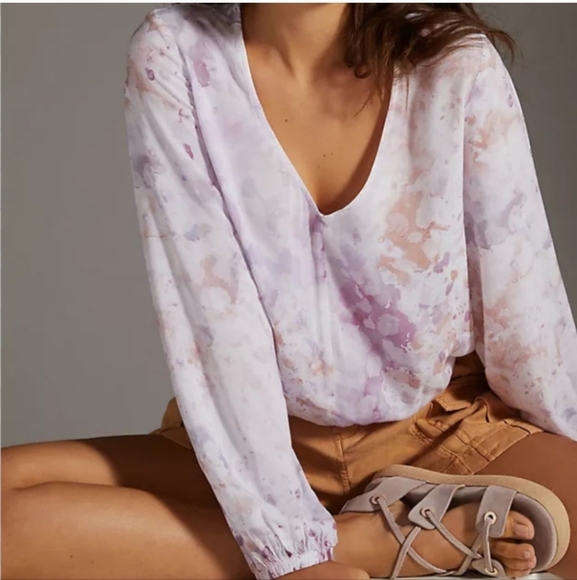 Anthropologie Cloth & Stone Splatter Print V-Neck LS Blouse Sz S EUC - Picture 2 of 13